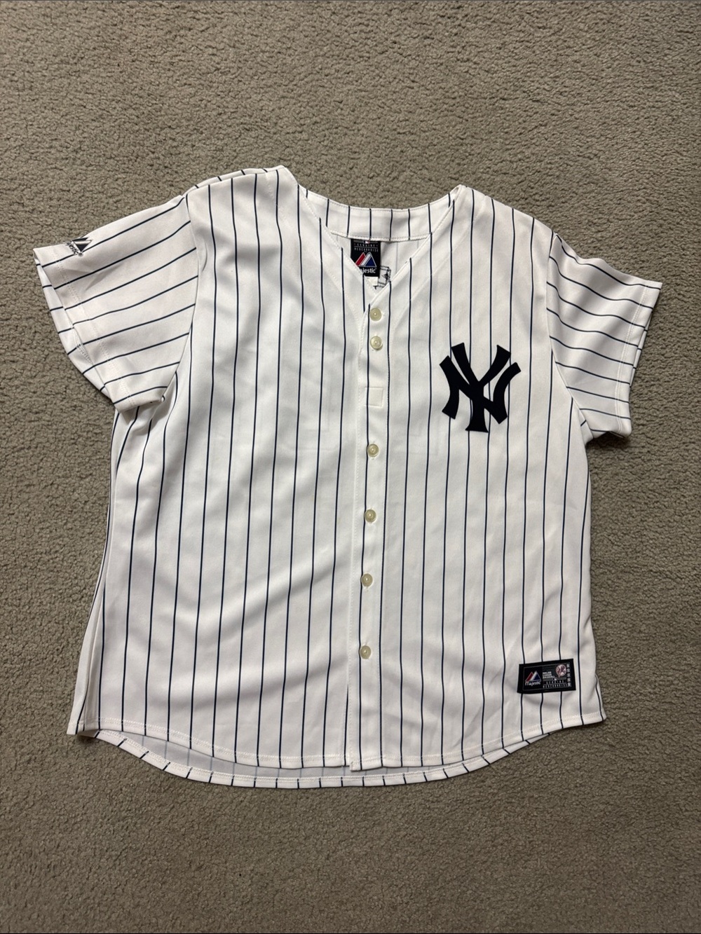 Majestic White Pinstripe Baseball Jersey with Navy NY Emblem